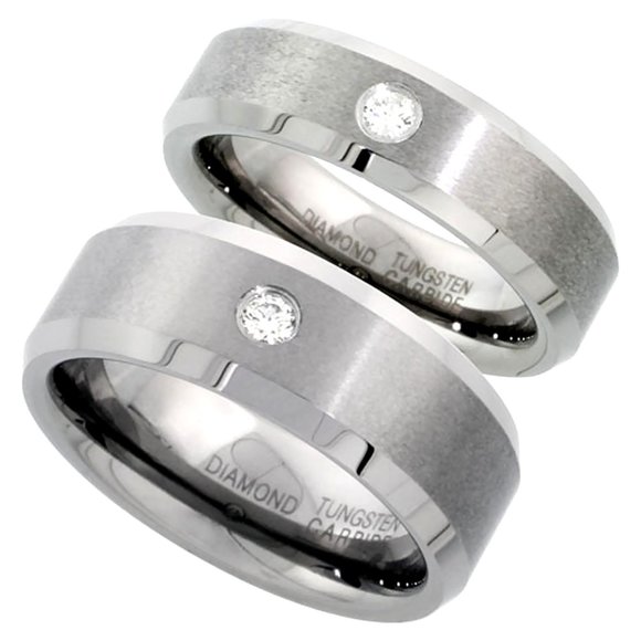 2-Ring Set 8 & 6 mm Tungsten Diamond Wedding Bands for Him & Her Rings
